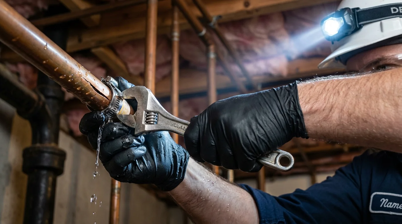 Emergency pipe clamp repair being performed by a Johns Plumbing LLC plumber in Rowland Heights