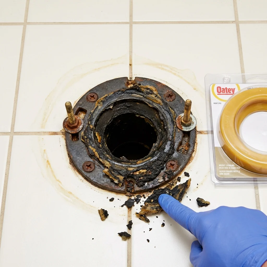 Failed wax ring showing water seepage at the base of a toilet in a Rowland Heights, CA home