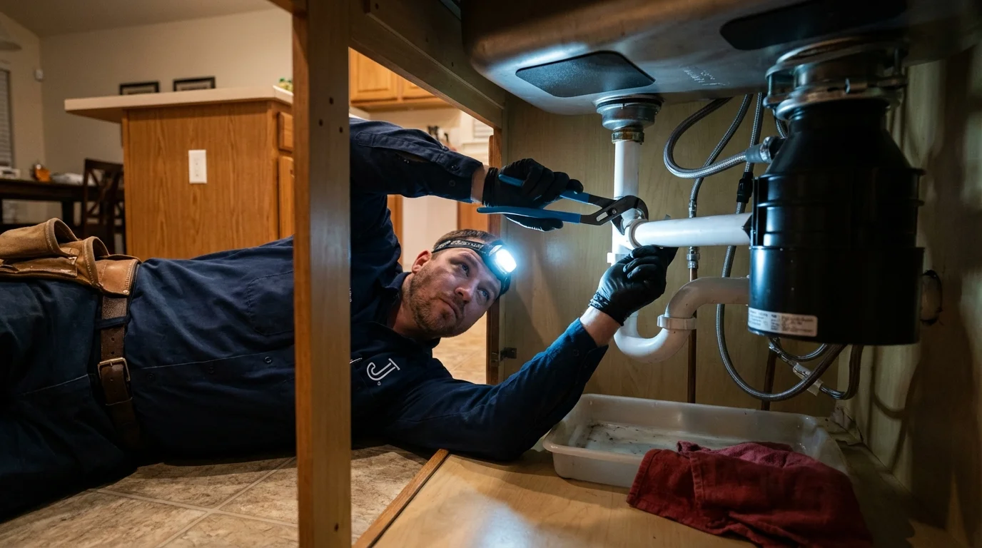 P-trap and supply line connections under a kitchen sink showing a common leak point in Rowland Heights, CA